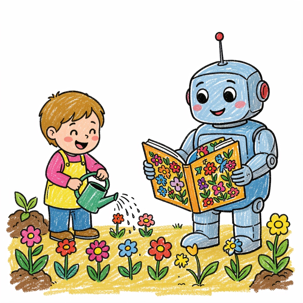 A child waters a garden of code-flowers while a friendly robot reads a book made from them — simple children's picture-book illustration, hand-drawn with crayon and colored marker, thick wobbly outlines, flat bright colors, naive and playful, plain white paper background, no text. - FLUX.2-klein-9B A child waters a garden of code-flowers while a friendly robot reads a book made from them — simple children's picture-book illustration, hand-drawn with crayon and colored marker, thick wobbly outlines, flat bright colors, naive and playful, plain white paper background, no text. - FLUX.2-klein-9B