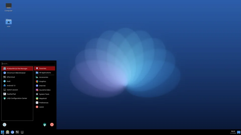 Desktop LXQt có menu Start liệt kê Chromium, Kodi, Android 13