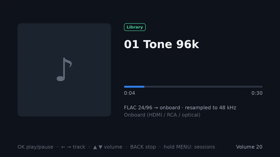 Màn hình đang phát: 01 Tone 96k, FLAC 24/96 ra onboard, chuyển xuống 48 kHz